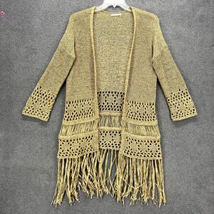 Zara Knit Cardigan Medium Tan Open Crochet Fringe‎ Tassels Taupe raglan sleeve